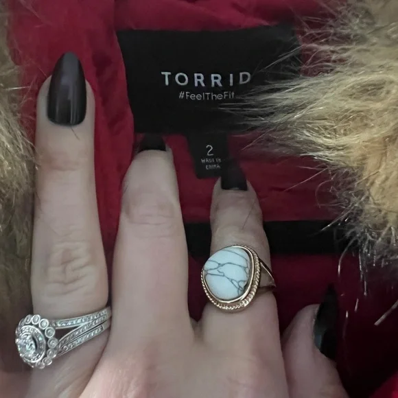 Women's Red Hooded Winter Coat with Faux Fur Trim - Picture 3 of 4